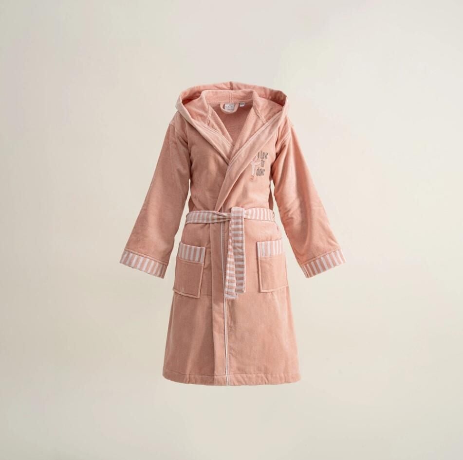 Ecocotton Balerin Kız Çocuk Bornoz %100 Organik Pamuk Nakışlı Pudra 3-4 Yaş
