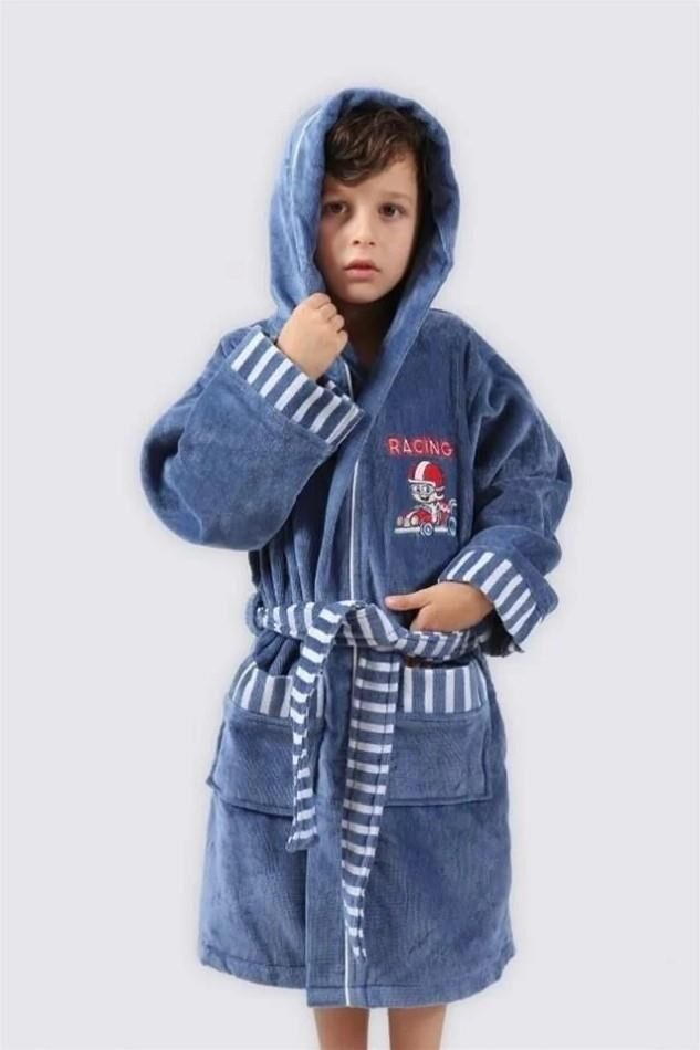 Ecocotton Racer Erkek Çocuk Bornoz %100 Organik Pamuk Nakışlı Mavi 9-10 Yaş