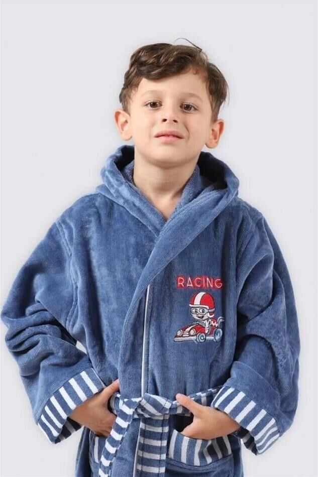 Ecocotton Racer Erkek Çocuk Bornoz %100 Organik Pamuk Nakışlı Mavi 9-10 Yaş
