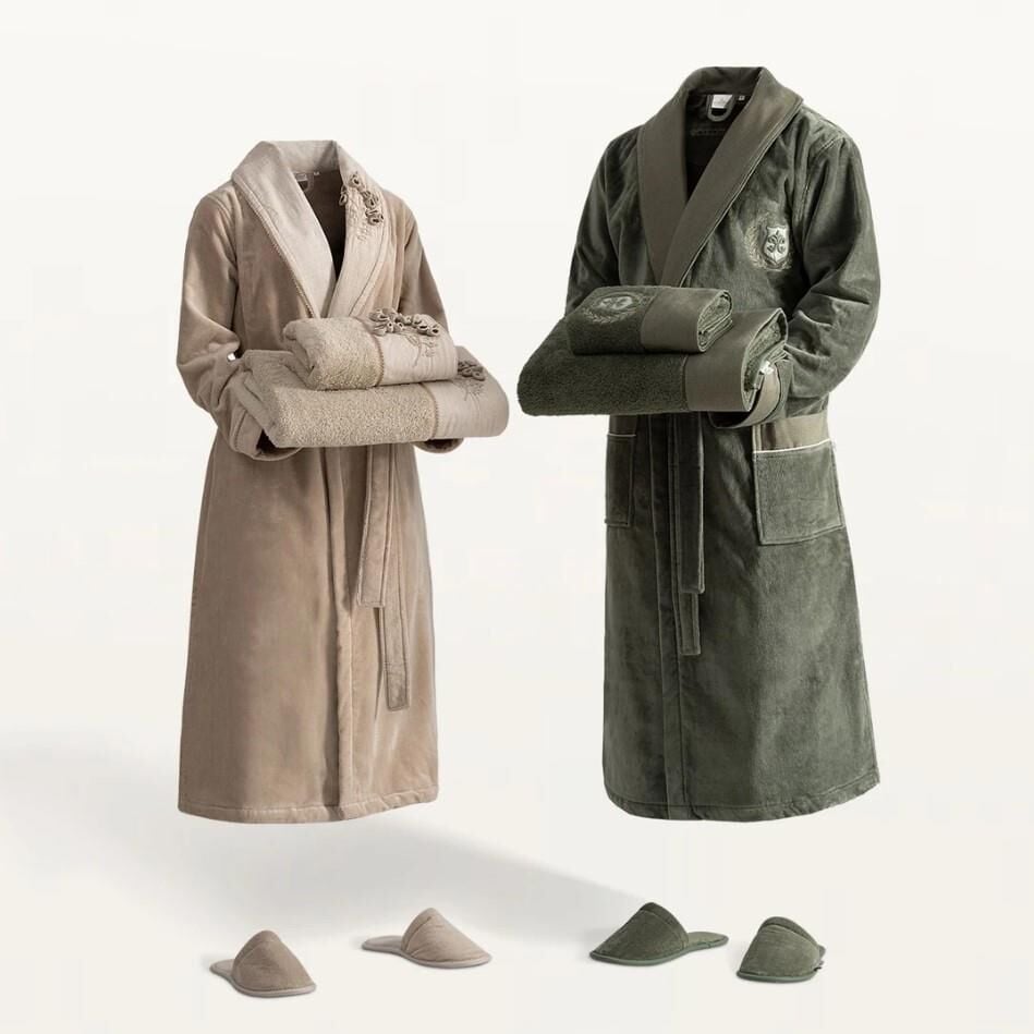 Ecocotton Masal Aile Bornoz Seti %100 Organik Pamuk Nakışlı Bej / Yeşil M / L
