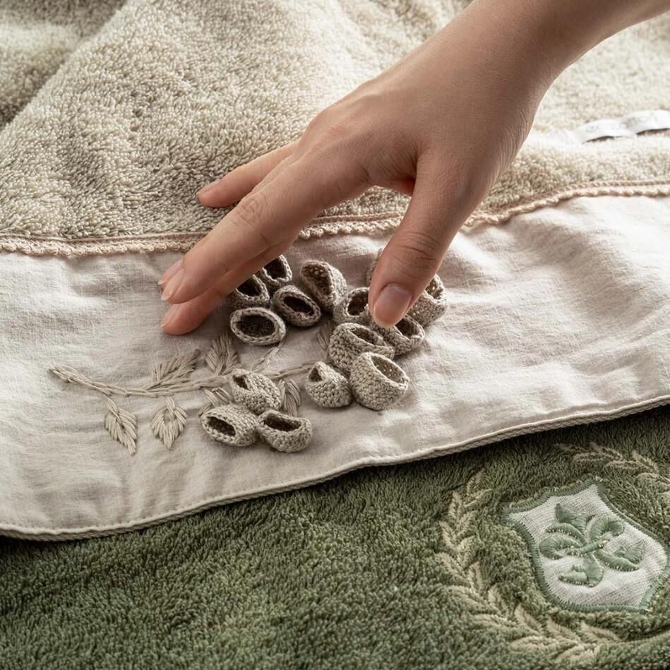 Ecocotton Masal Aile Bornoz Seti %100 Organik Pamuk Nakışlı Bej / Yeşil M / L