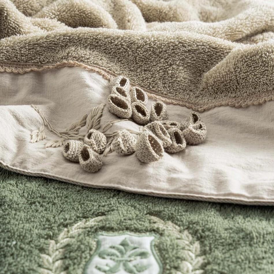 Ecocotton Masal Aile Bornoz Seti %100 Organik Pamuk Nakışlı Bej / Yeşil M / L