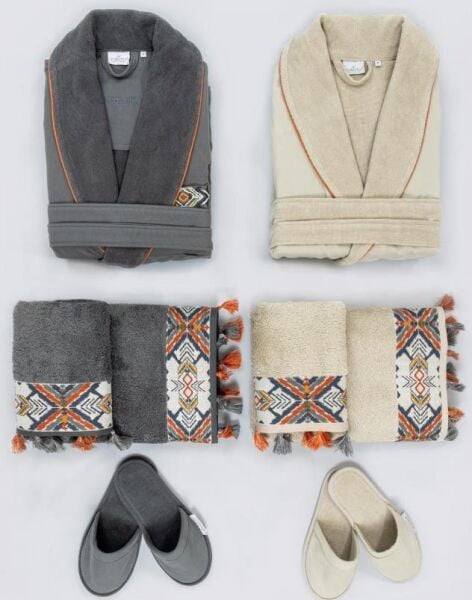 Ecocotton Organik Pamuk Aile Bornoz Seti - Pamira Bej / Antrasit M / L