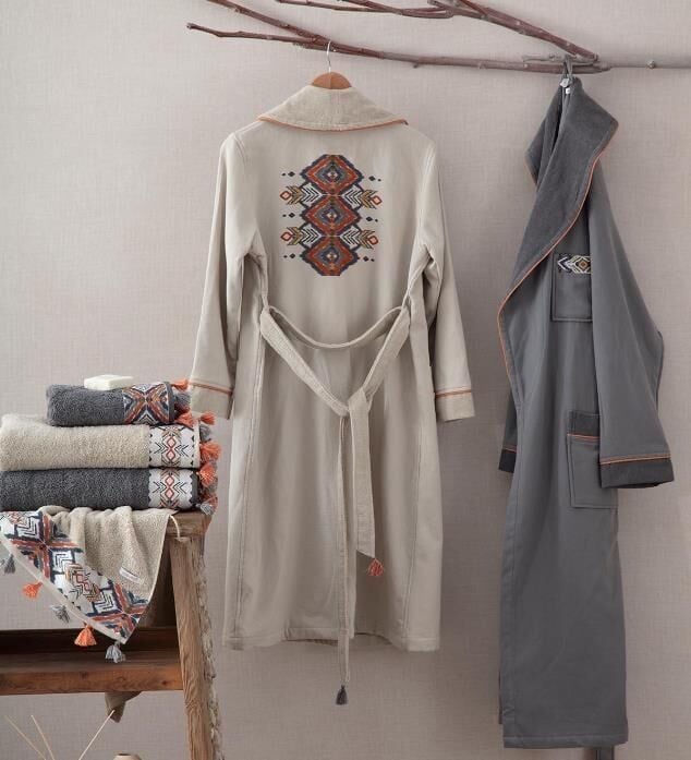 Ecocotton Organik Pamuk Aile Bornoz Seti - Pamira Bej / Antrasit M / L