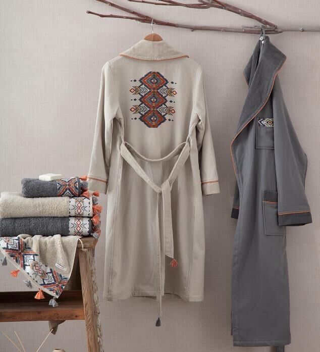Ecocotton Organik Pamuk Aile Bornoz Seti - Pamira Bej / Antrasit M / L
