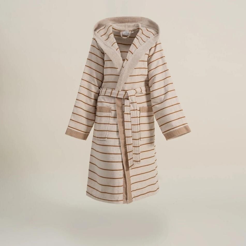 Ecocotton Arden Kadın Bornoz %100 Organik Pamuk Kenevir Karışımlı Bornoz Çizgili Hardal M