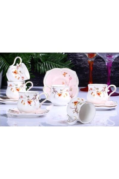 Kosova Zjn-01 Porselen 6'lı Fincan Takımı Tombul Flower Pembe