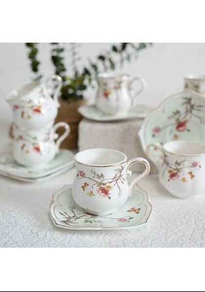 Kosova Zjn-01 Porselen 6'lı Fincan Takımı Tombul Flower Yeşil