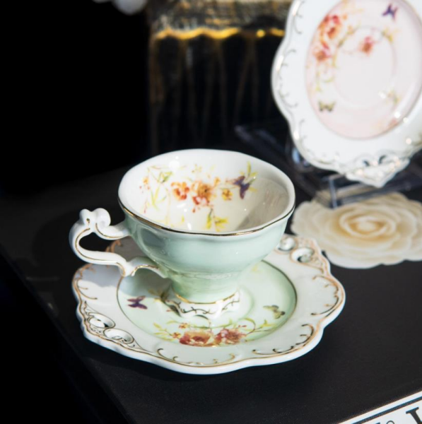 Kosova Zjn-02 Porselen 6'lı Fincan Takımı Ayaklı Flower Yeşil