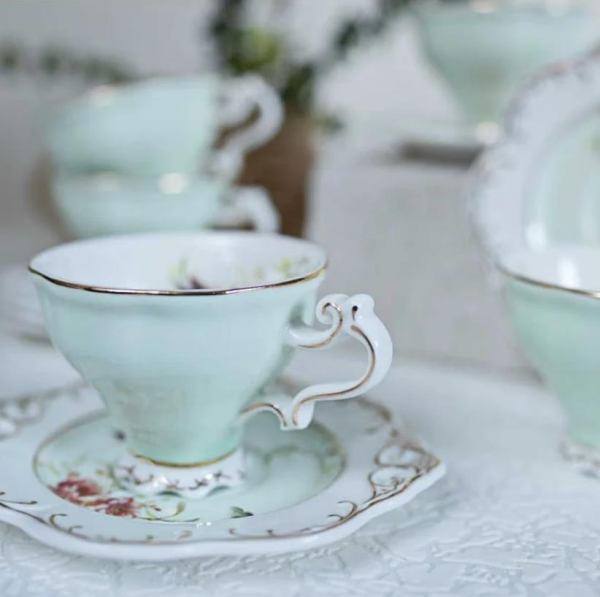 Kosova Zjn-02 Porselen 6'lı Fincan Takımı Ayaklı Flower Yeşil