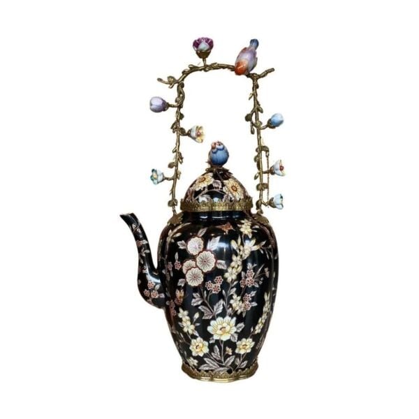 Lucky Art Siyah Çiçekli Porselen Çaydanlık 45 Cm