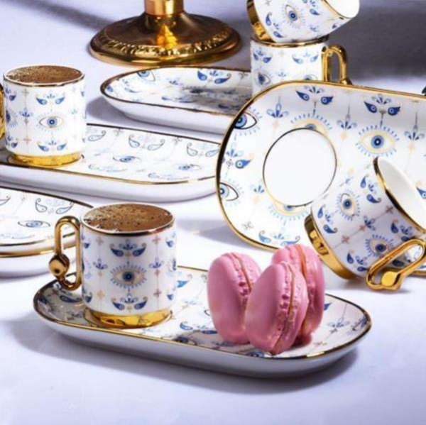 Kosova İst-135 Porselen 90 cc 6'lı Fincan Takımı Uzun Tabak Evil Eye