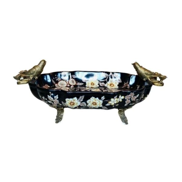 Lucky Art Siyah Çiçekli Porselen Ayaklı Şekerlik 40 Cm