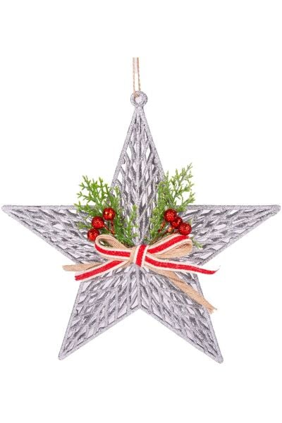 Yılbaşı Süsü Yılbaşı Dekorlu Yıldız Fiyonklu Berryli Gümüş 28x29 Cm
