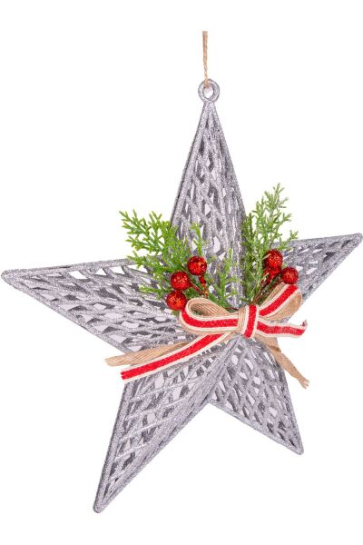 Yılbaşı Süsü Yılbaşı Dekorlu Yıldız Fiyonklu Berryli Gümüş 28x29 Cm