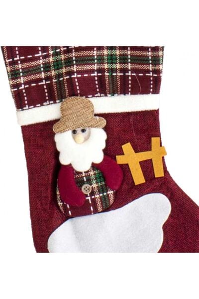 Yılbaşı Süsü Ekose Desenli Çorap Noel Baba Figürlü Koyu Kırmızı 21x34 Cm