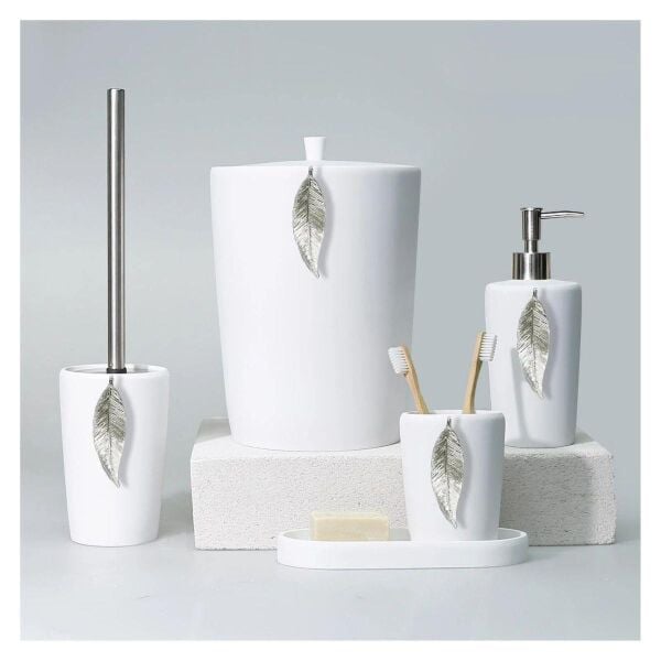 Selim Dekor Leaf Banyo Seti Beyaz-Gümüş
