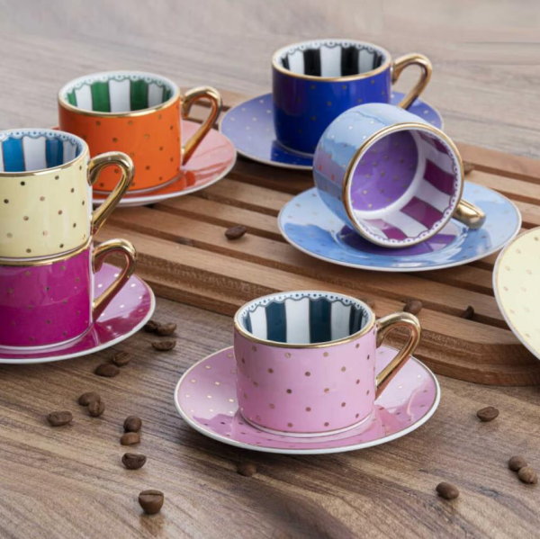 Kosova Fnc-07 Bone China 6'lı Fincan 90cc Puantiye Karışık