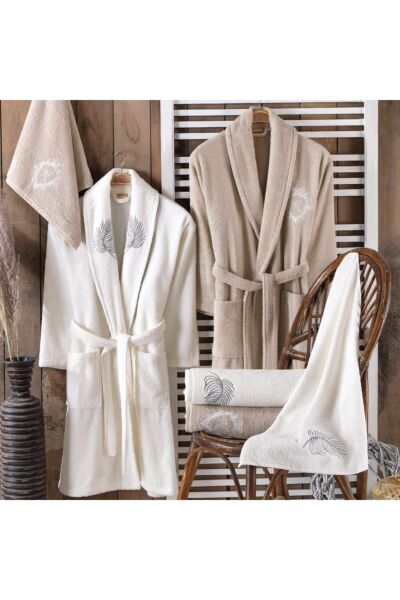 Nazik Home Selina Kadın & Erkek 6 Parça Aile Bornoz Seti Bej Standart