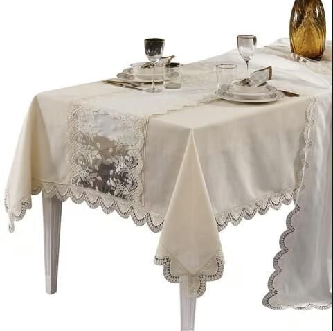 Nazik Home Clara Dantelli Masa Örtüsü 160x260 cm-Bej