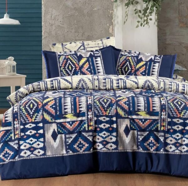 Sarev Gilya Fancy Poplin Nevresim Takımı Çift Kişilik 2 Yastık-Mavi