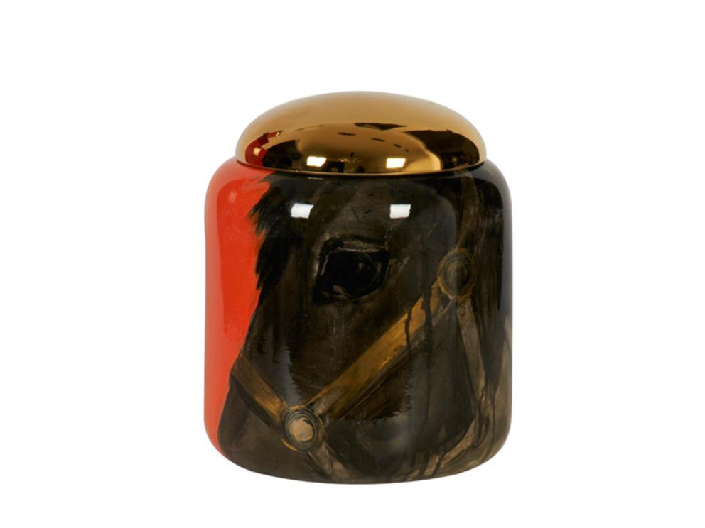 Lamedore At Desenli Kırmızı Renk Kapaklı Küçük Boy Vazo 21,5x25 Cm