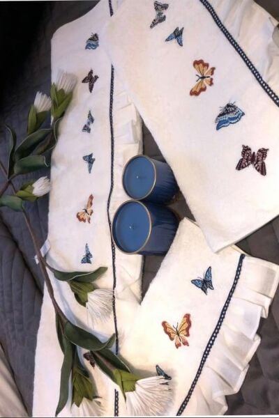 Nazik Home Laura Kelebek Nakışlı Havlu Beyaz 90X150