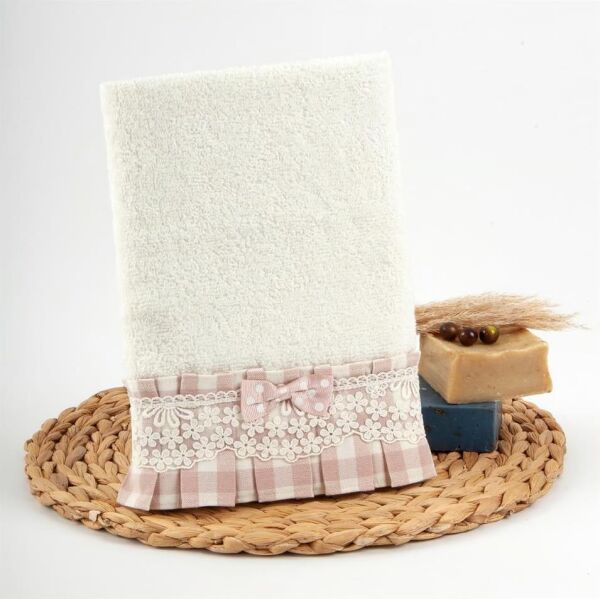 Nazik Home Lucca Pötikare Kumaşlı Dantelli Ve Fiyonklu Havlu Krem 30X50