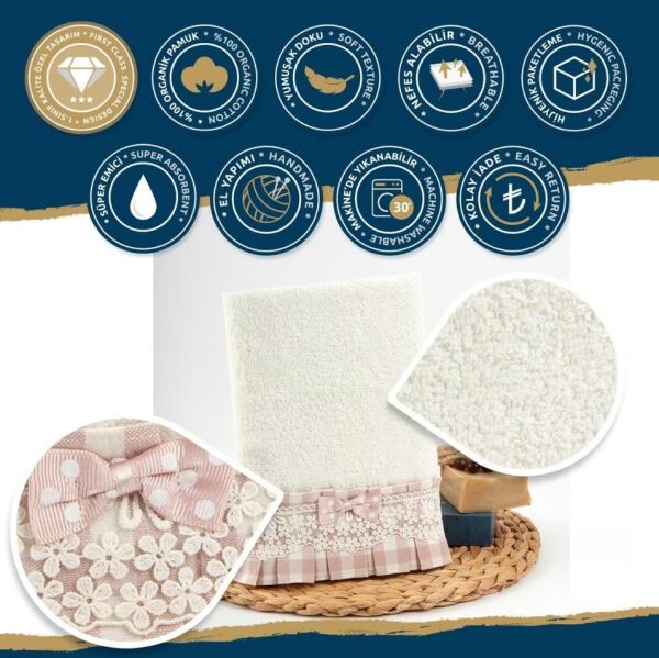 Nazik Home Lucca Pötikare Kumaşlı Dantelli Ve Fiyonklu Havlu Krem 30X50