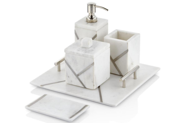 Lamedore Beyaz Gümüş Saplı Kare Tepsili Banyo Takımı