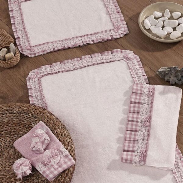 Nazik Home Lucca Pötikareli İkili Banyo Paspas Seti + Havlu Hediyeli Pembe