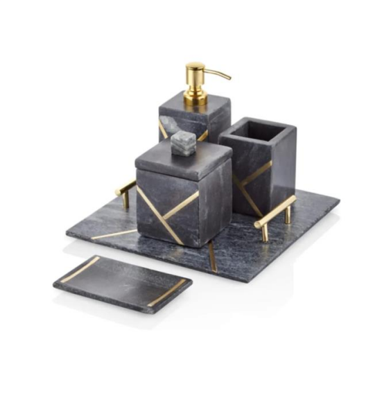 Lamedore Blank Siyah Gold Saplı Kare Tepsili Banyo Takımı