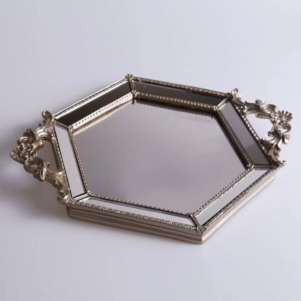 Selim Dekor Altıgen Aynalı Tepsi Vizon