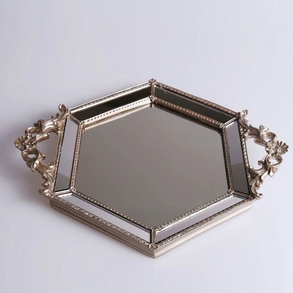 Selim Dekor Altıgen Aynalı Tepsi Vizon