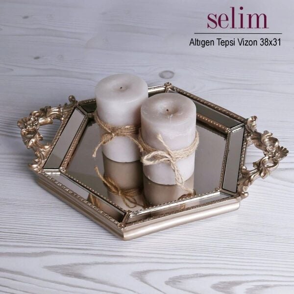 Selim Dekor Altıgen Aynalı Tepsi Vizon