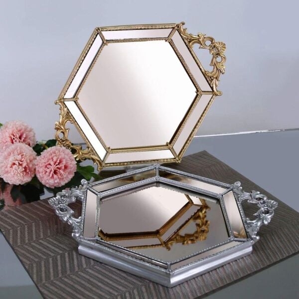 Selim Dekor Altıgen Aynalı Tepsi Gümüş