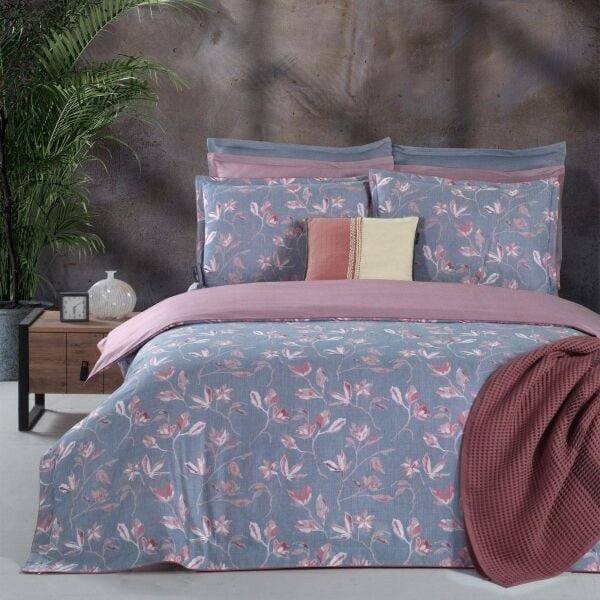 Sarev Samıra Jakarlı Saten Nevresim Takımı Çift Kişilik 4 Yastık Mavi