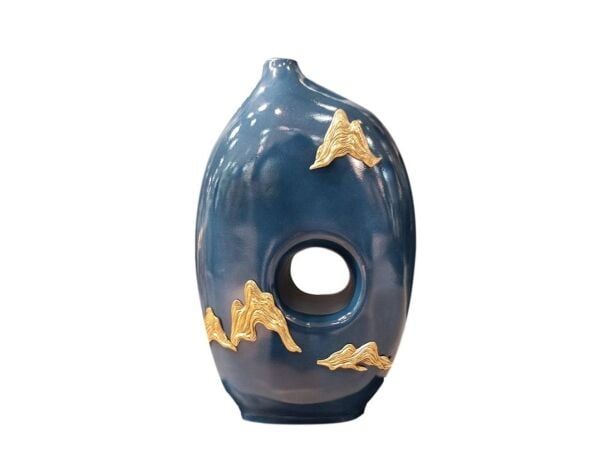 Lucky Art Gold Pirinç Detaylı Porselen Mavi Vazo 23x11x37 cm