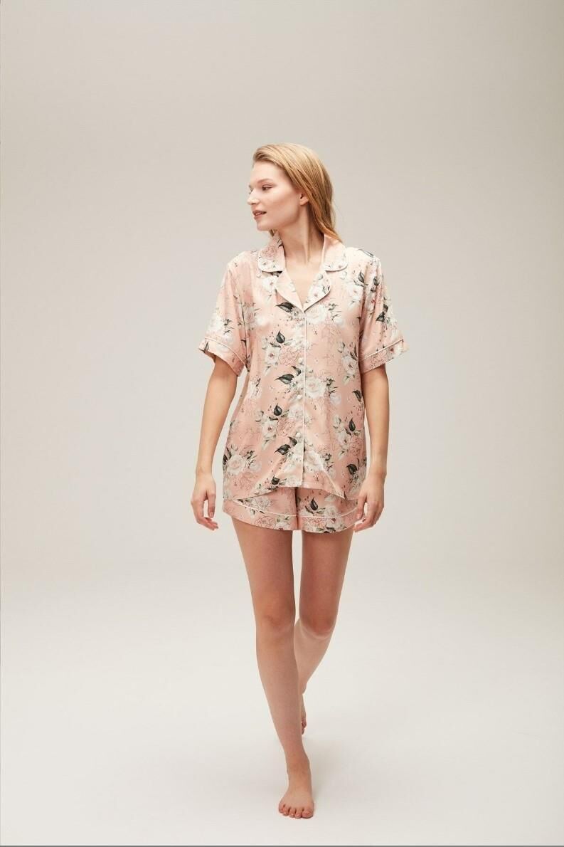 Nazik Home Ferya Düğmeli Şort Takım Pudra S