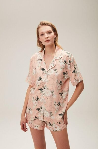 Nazik Home Ferya Düğmeli Şort Takım Pudra S