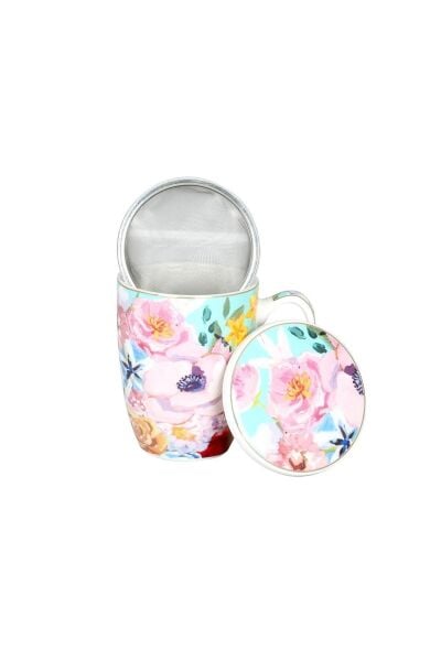 Lucky Art Peony Bone Süzgeçli Kapaklı Kupa 570ml