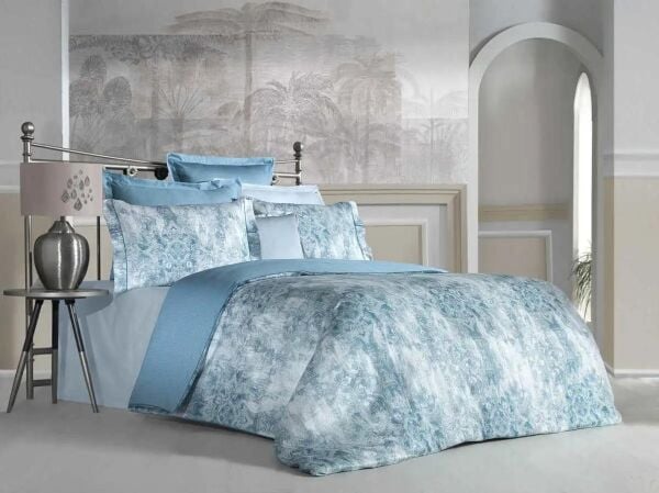 Sarev Tripoli Saten Nevresim Takımı Mavi Çift Kişilik