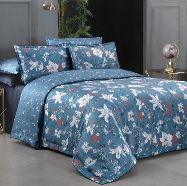 Sarev Portlan Saten Nevresim Takımı Çift Kişilik 4 Yastık-Mavi