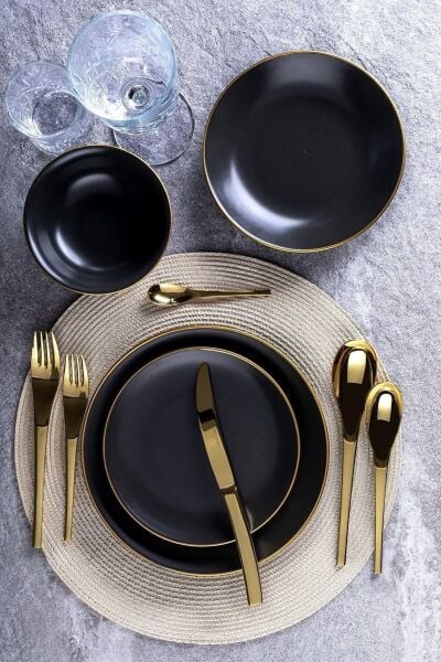 Aryıldız Porselen Saten Black Gold 24 Parça Yemek Takımı