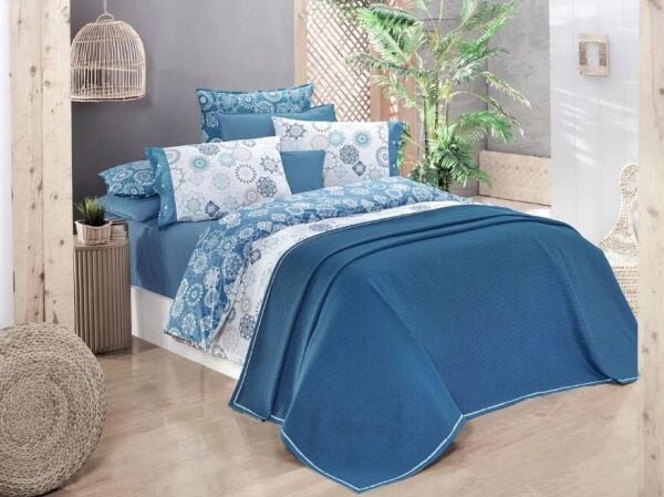 Sarev Eva Bronte Nevresimli Pike Takımı Mavi Tek Kişilik