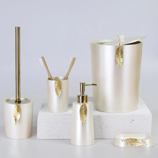 Selim Dekor Leaf Banyo Seti İnci-Altın