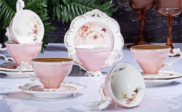 Kosova Zjn-02 Porselen 6'lı Fincan Takımı Ayaklı Flower Pembe