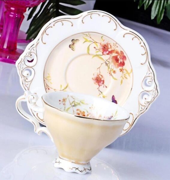Kosova Zjn-02 Porselen 6'lı Fincan Takımı Ayaklı Flower Krem