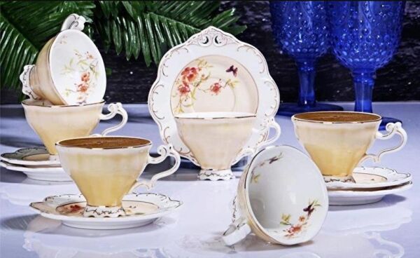 Kosova Zjn-02 Porselen 6'lı Fincan Takımı Ayaklı Flower Krem