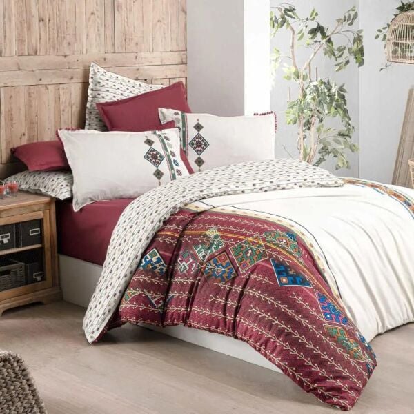 Sarev Saba Fancy Poplin Nevresim Takımı Kırmızı Çift Kişilik